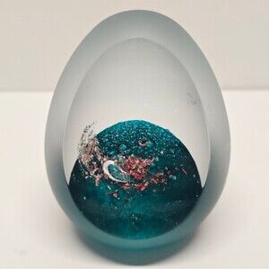 Leixus Clius Topol France Teal Frosted Art Glass Egg Shaped Paperweight No 17